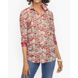 Talbots Grazing Tiger Jungle Print Button Front Shirt Red Olive 100% Cotton Sz M